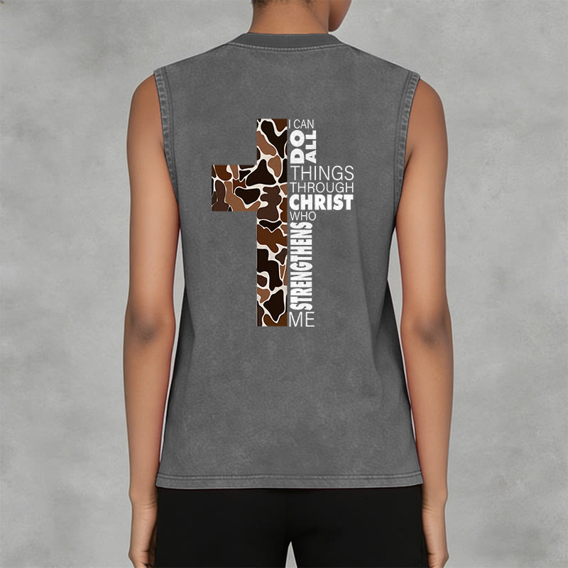 Christianartworkshop I Can Do All Things Through Christ Camo Cross Unisex Washed Tank Top - image 11