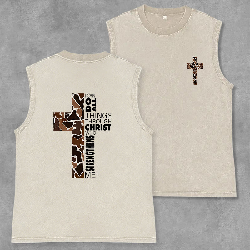Christianartworkshop I Can Do All Things Through Christ Camo Cross Unisex Washed Tank Top - Beige - 2XL - image 15