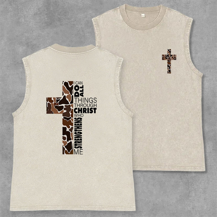 Christianartworkshop I Can Do All Things Through Christ Camo Cross Unisex Washed Tank Top - Beige - 2XL - image 15