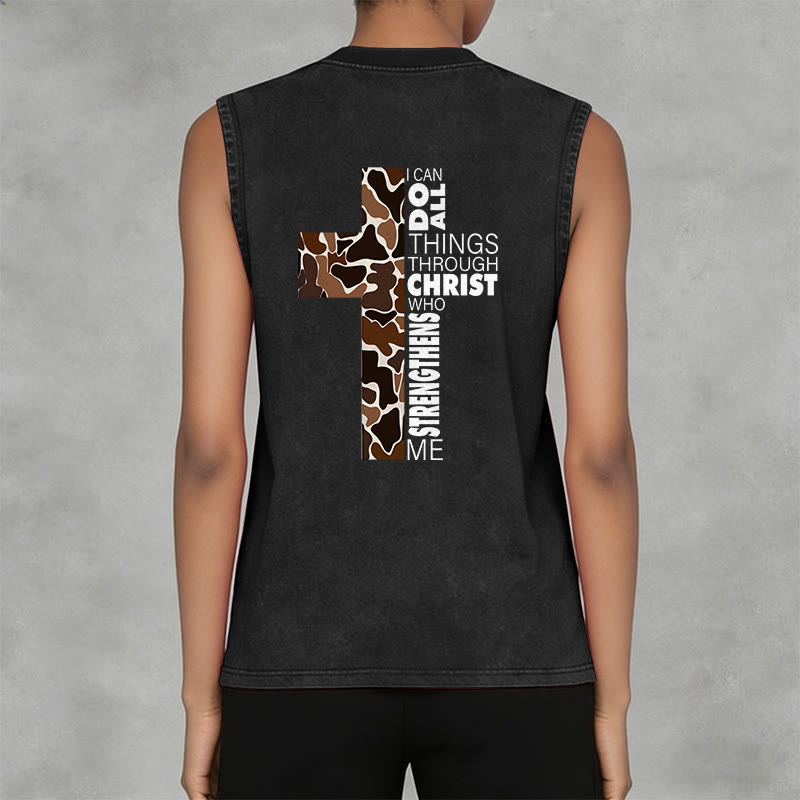 Christianartworkshop I Can Do All Things Through Christ Camo Cross Unisex Washed Tank Top - image 3