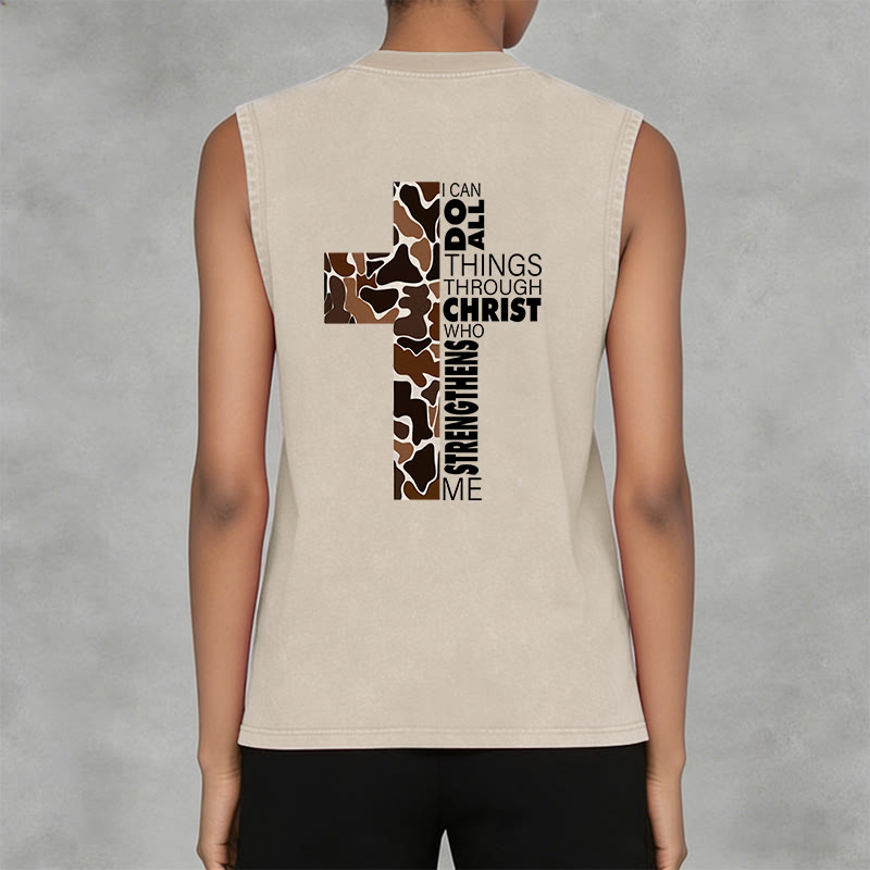 Christianartworkshop I Can Do All Things Through Christ Camo Cross Unisex Washed Tank Top - image 17