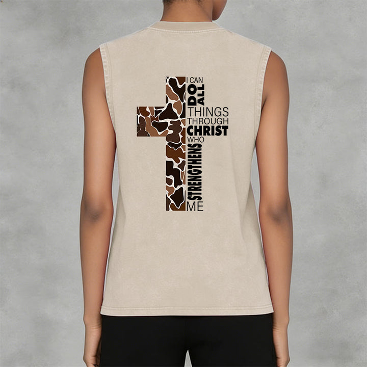 Christianartworkshop I Can Do All Things Through Christ Camo Cross Unisex Washed Tank Top - image 17