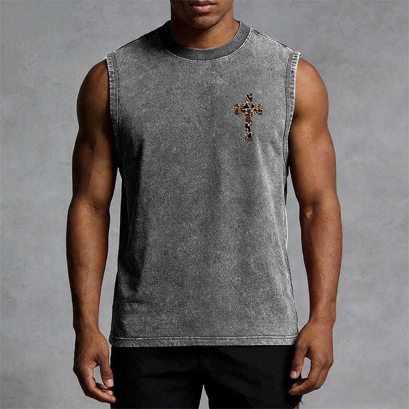 Christianartworkshop I Can Do All Things Through Christ Camo Cross Unisex Washed Tank Top - image 9