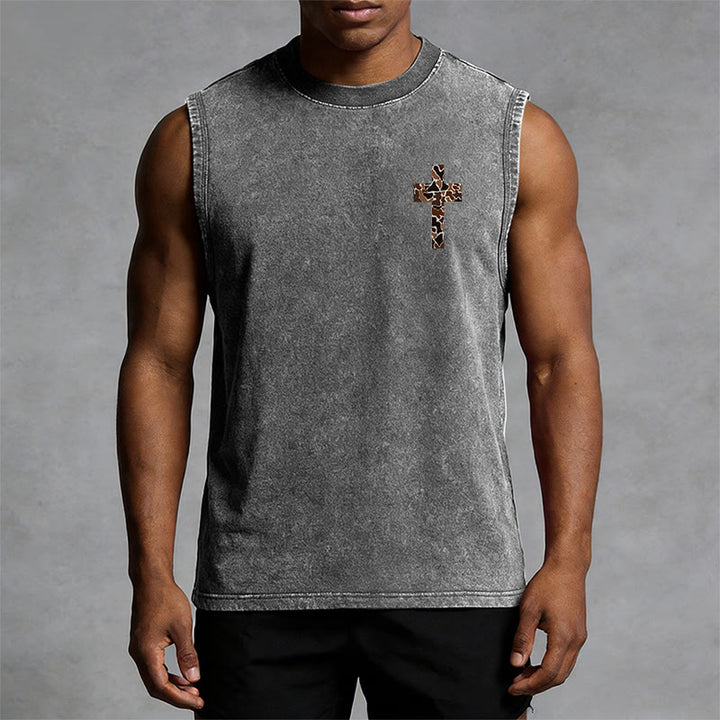 Christianartworkshop I Can Do All Things Through Christ Camo Cross Unisex Washed Tank Top - image 9