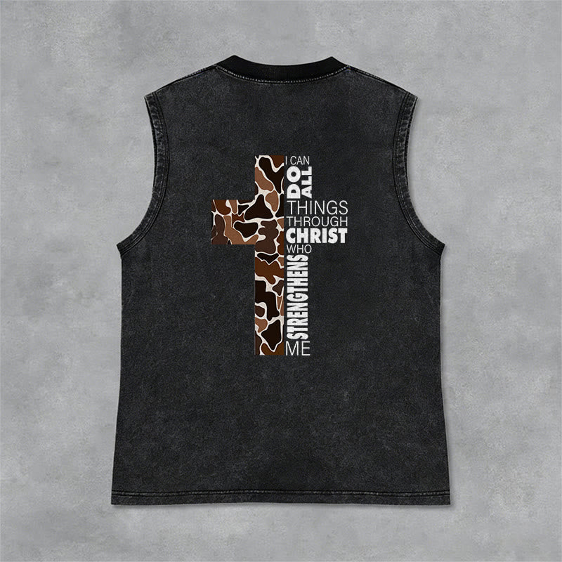 Christianartworkshop I Can Do All Things Through Christ Camo Cross Unisex Washed Tank Top - image 6