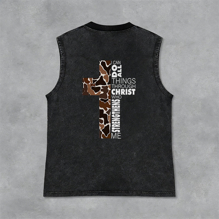 Christianartworkshop I Can Do All Things Through Christ Camo Cross Unisex Washed Tank Top - image 6