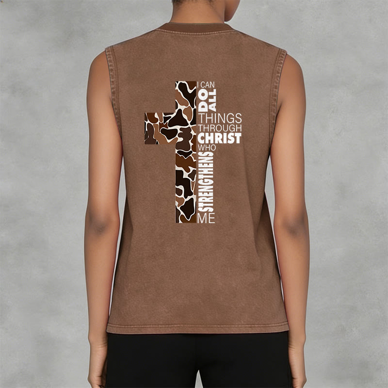 Christianartworkshop I Can Do All Things Through Christ Camo Cross Unisex Washed Tank Top - image 25