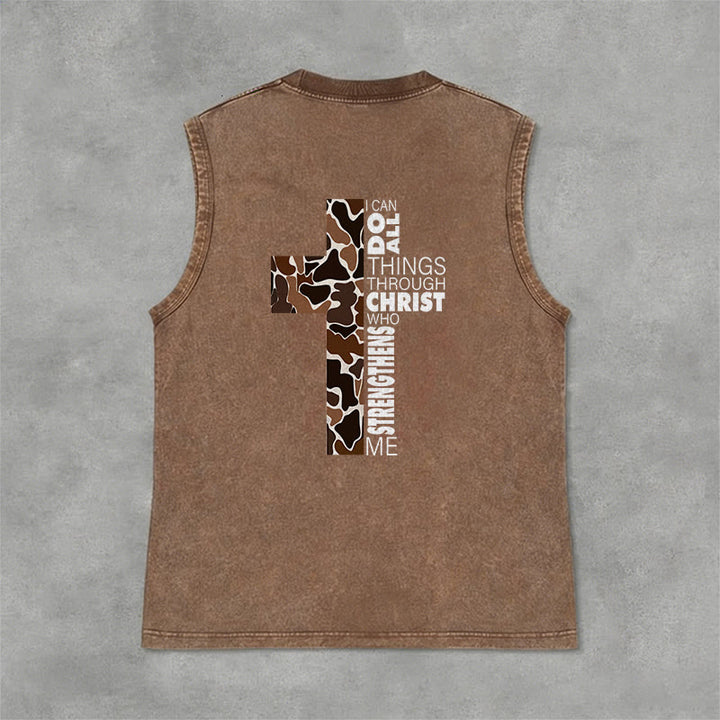 Christianartworkshop I Can Do All Things Through Christ Camo Cross Unisex Washed Tank Top - image 27