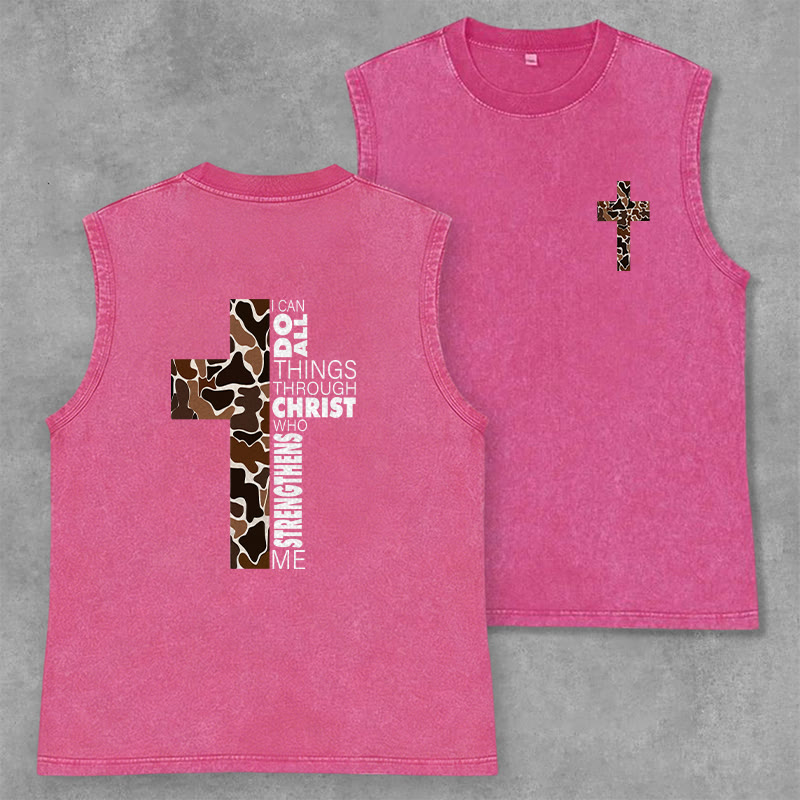Christianartworkshop I Can Do All Things Through Christ Camo Cross Unisex Washed Tank Top - Pink - 2XL - image 29