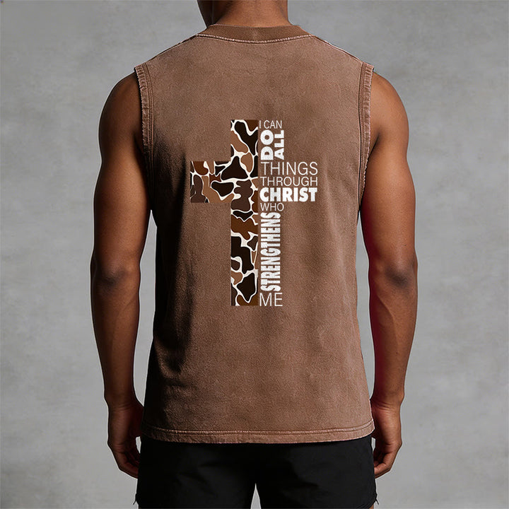 Christianartworkshop I Can Do All Things Through Christ Camo Cross Unisex Washed Tank Top - image 22