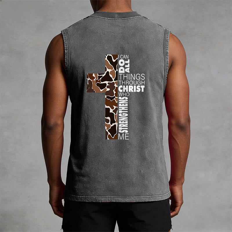 Christianartworkshop I Can Do All Things Through Christ Camo Cross Unisex Washed Tank Top - image 9