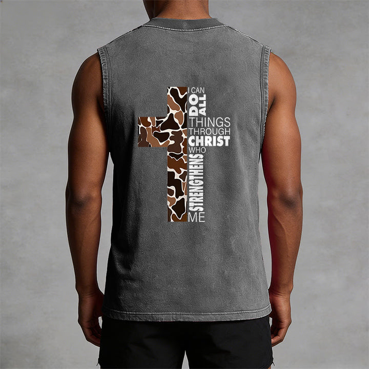 Christianartworkshop I Can Do All Things Through Christ Camo Cross Unisex Washed Tank Top - image 9