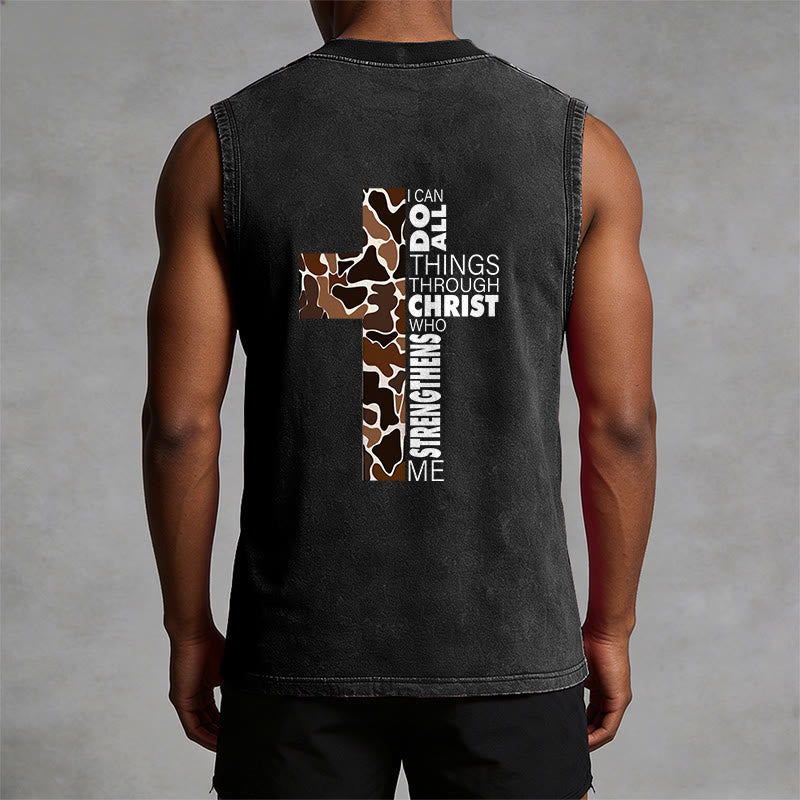 Christianartworkshop I Can Do All Things Through Christ Camo Cross Unisex Washed Tank Top - image 2