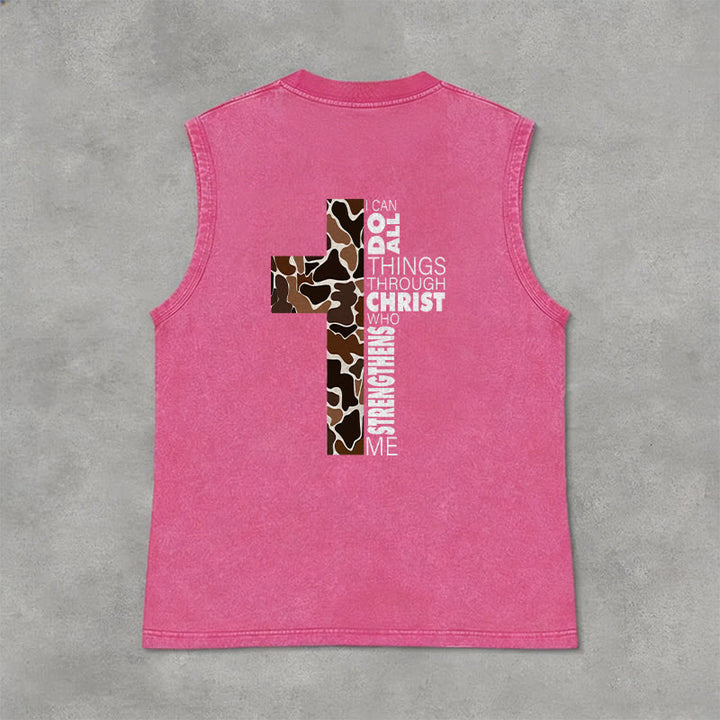 Christianartworkshop I Can Do All Things Through Christ Camo Cross Unisex Washed Tank Top - image 34