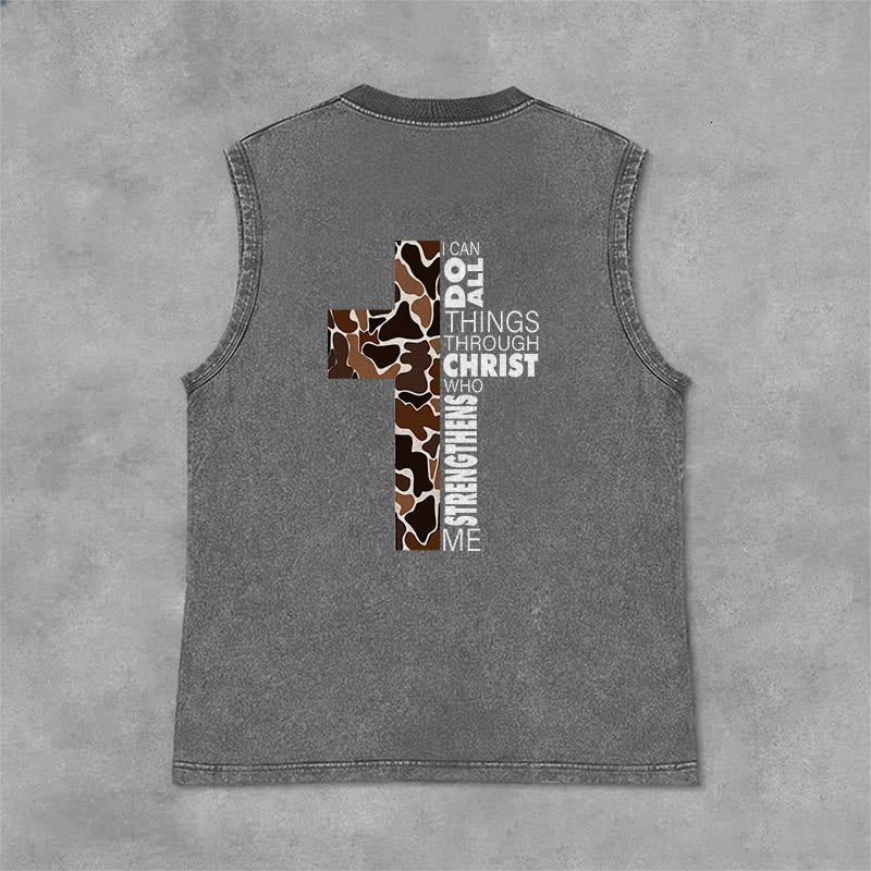 Christianartworkshop I Can Do All Things Through Christ Camo Cross Unisex Washed Tank Top - image 13
