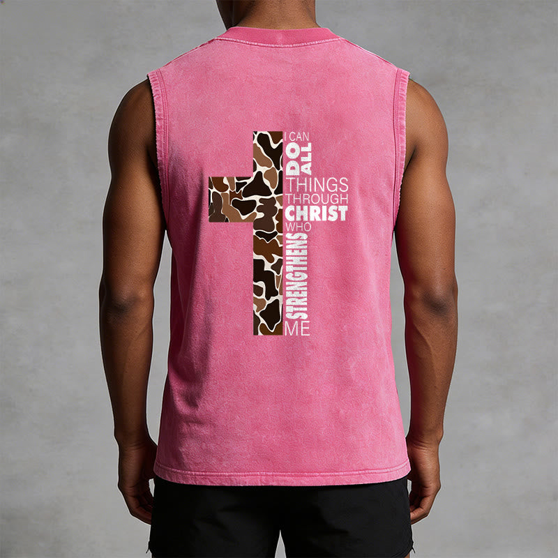 Christianartworkshop I Can Do All Things Through Christ Camo Cross Unisex Washed Tank Top - image 30
