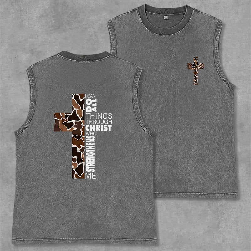 Christianartworkshop I Can Do All Things Through Christ Camo Cross Unisex Washed Tank Top - Grey - 2XL - image 8