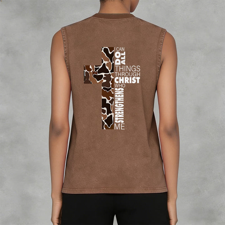 Christianartworkshop I Can Do All Things Through Christ Camo Cross Unisex Washed Tank Top - image 24