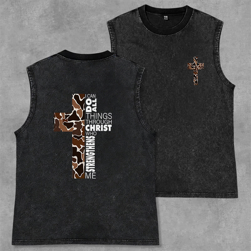 Christianartworkshop I Can Do All Things Through Christ Camo Cross Unisex Washed Tank Top - Black - 2XL - image 0