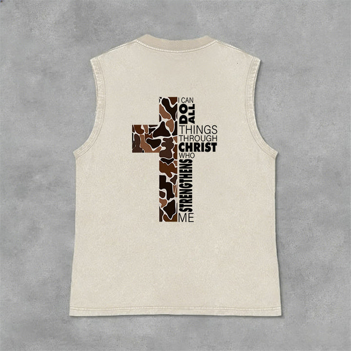 Christianartworkshop I Can Do All Things Through Christ Camo Cross Unisex Washed Tank Top - image 20