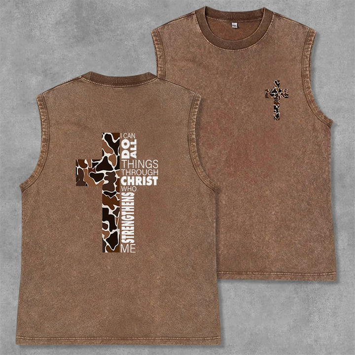Christianartworkshop I Can Do All Things Through Christ Camo Cross Unisex Washed Tank Top - Brown - 2XL - image 22