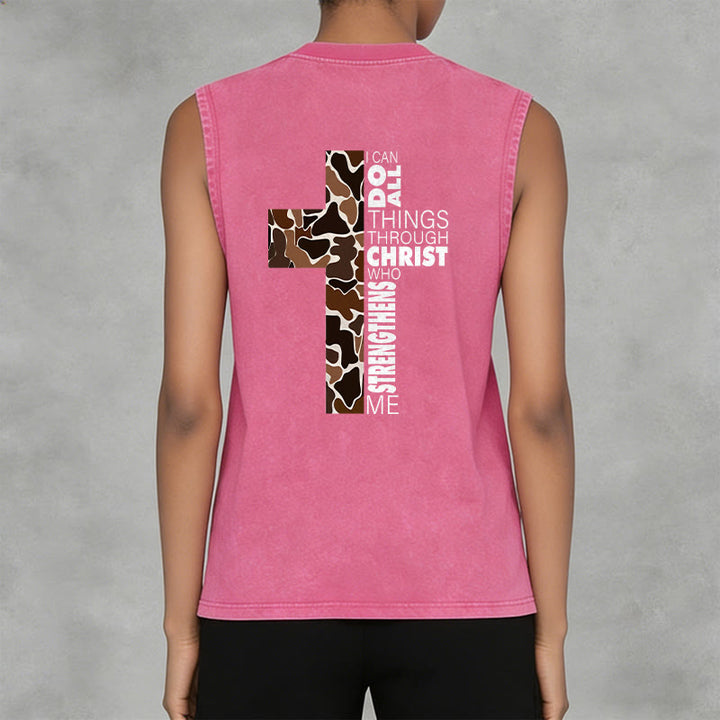 Christianartworkshop I Can Do All Things Through Christ Camo Cross Unisex Washed Tank Top - image 32