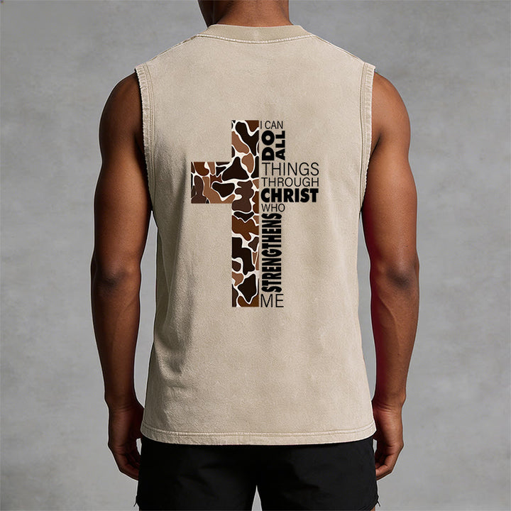 Christianartworkshop I Can Do All Things Through Christ Camo Cross Unisex Washed Tank Top - image 15