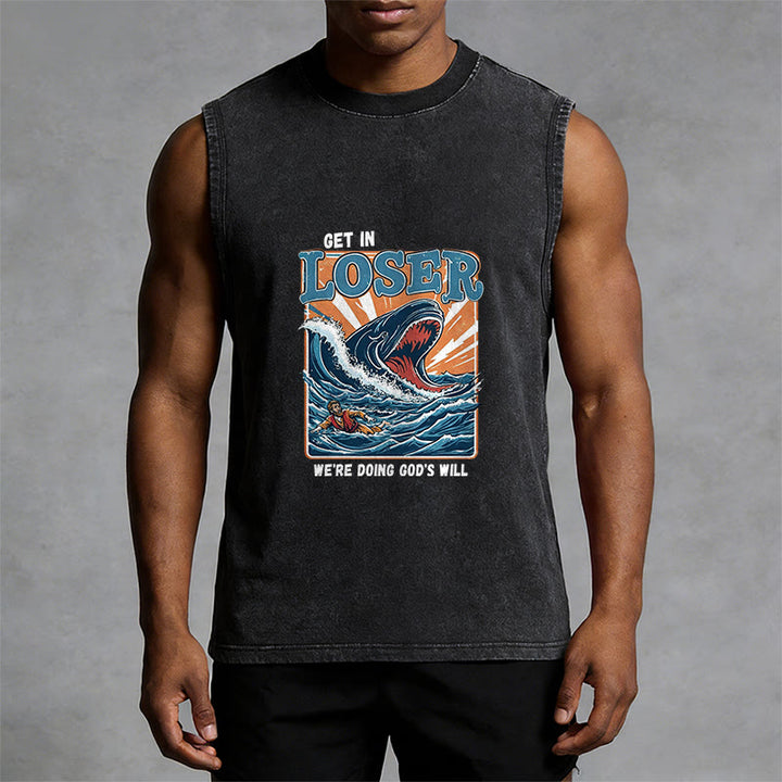 Christianartworkshop Get In Loser We're Doing God's Will Jonah Unisex Washed Tank Top - image 4