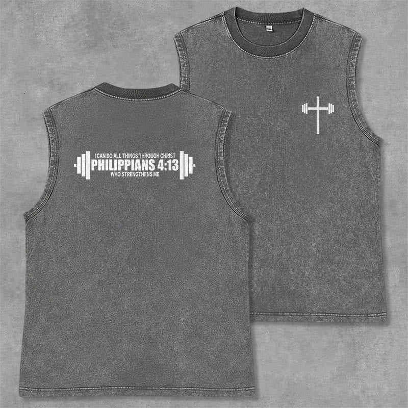 Christianartworkshop Philippians 4:13 Barbell Cross Unisex Washed Tank Top - Grey - 2XL - image 0