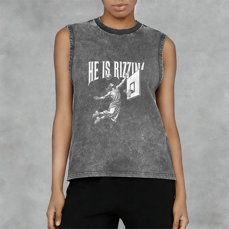 Christianartworkshop He Is Rizzin' Jesus Basketball Unisex Washed Tank Top - image 2