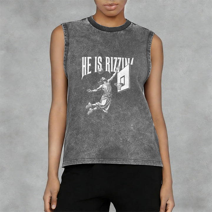 Christianartworkshop He Is Rizzin' Jesus Basketball Unisex Washed Tank Top - image 2