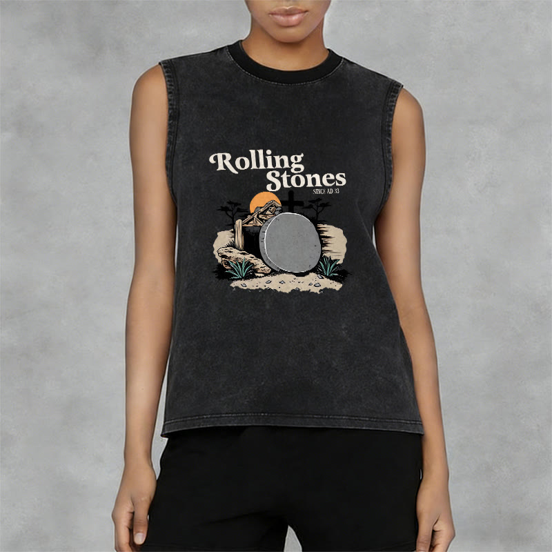 Christianartworkshop He Is Risen Rolling Stones Unisex Washed Tank Top - image 2