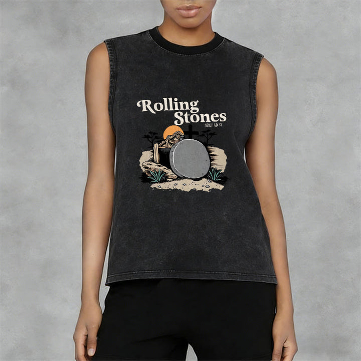 Christianartworkshop He Is Risen Rolling Stones Unisex Washed Tank Top - image 2