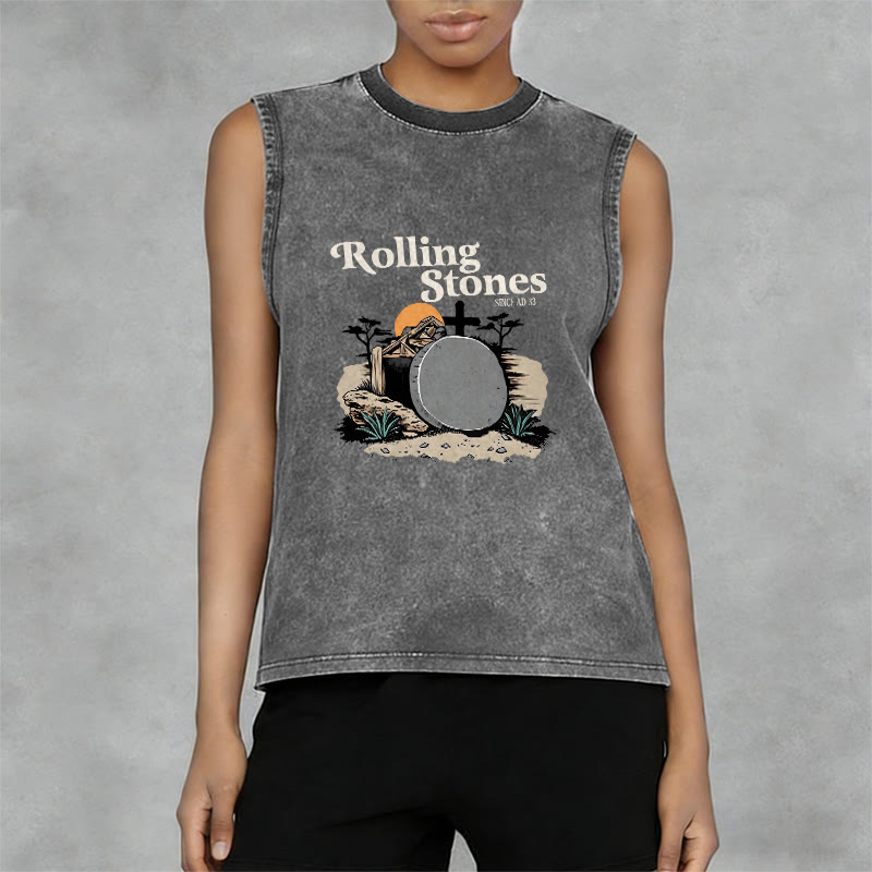 Christianartworkshop He Is Risen Rolling Stones Unisex Washed Tank Top - image 11
