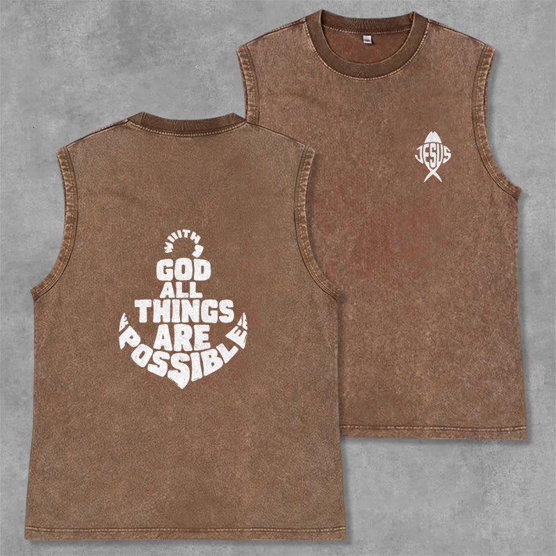 Christianartworkshop With God All Things Are Possible Anchor Unisex Washed Tank Top - Brown - 2XL - image 0