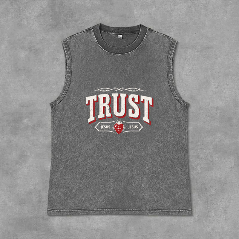 Christianartworkshop Trust Jesus Sacred Heart Unisex Washed Tank Top - Grey - 2XL - image 6