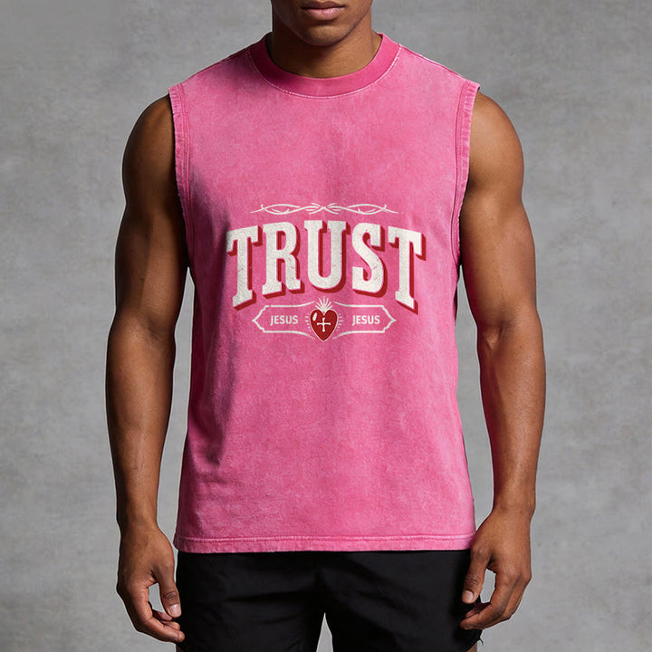 Christianartworkshop Trust Jesus Sacred Heart Unisex Washed Tank Top - image 2