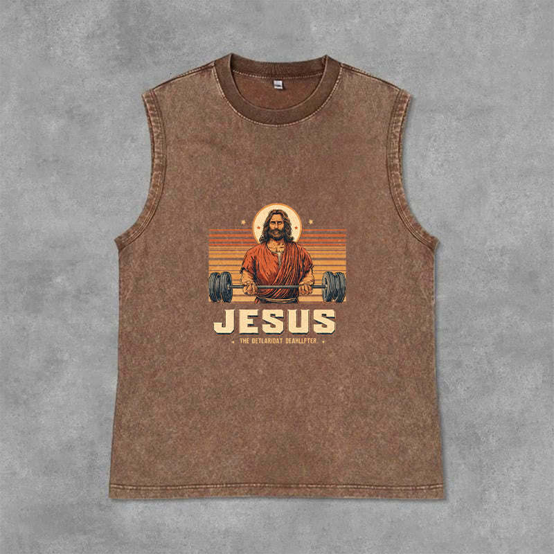 Christianartworkshop Jesus Deadlifter Faith Statement Unisex Washed Tank Top - Brown - 2XL - image 0