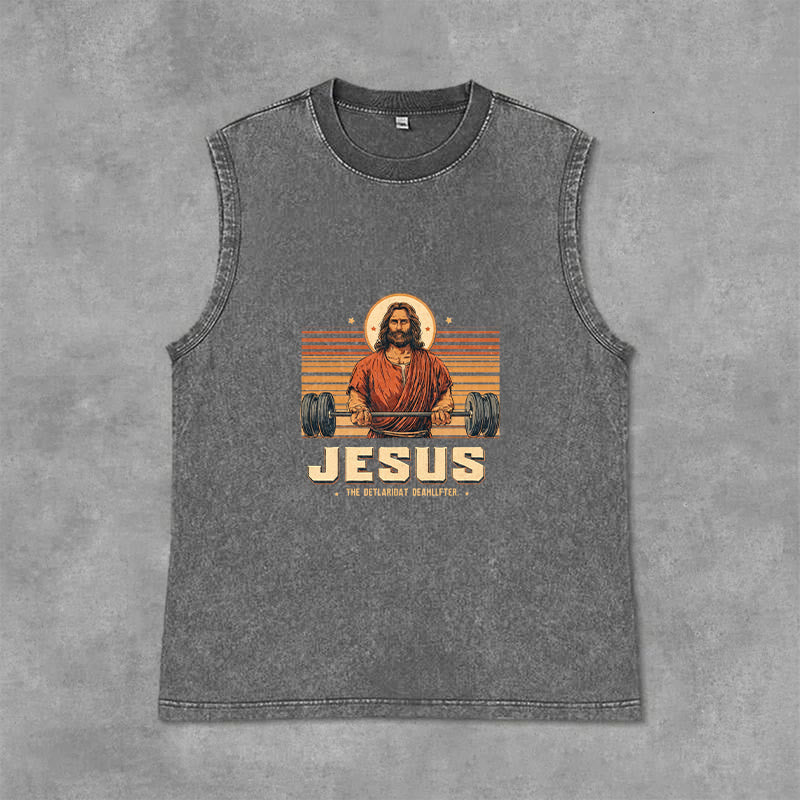 Christianartworkshop Jesus Deadlifter Faith Statement Unisex Washed Tank Top - Grey - 2XL - image 12