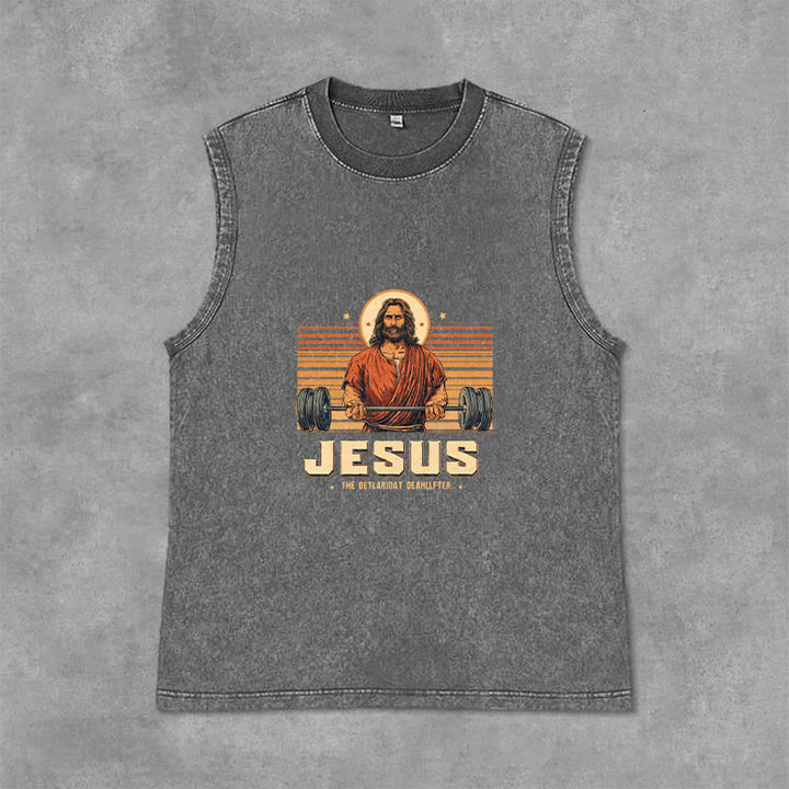 Christianartworkshop Jesus Deadlifter Faith Statement Unisex Washed Tank Top - Grey - 2XL - image 12
