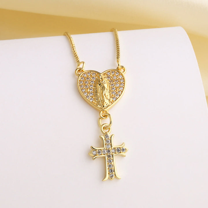 Christianartworkshop Zircon-Encrusted Our Lady & St. Benedict Cross Heart Necklace: Divine Grace in Daily Wear - Our Lady (A) - image 0