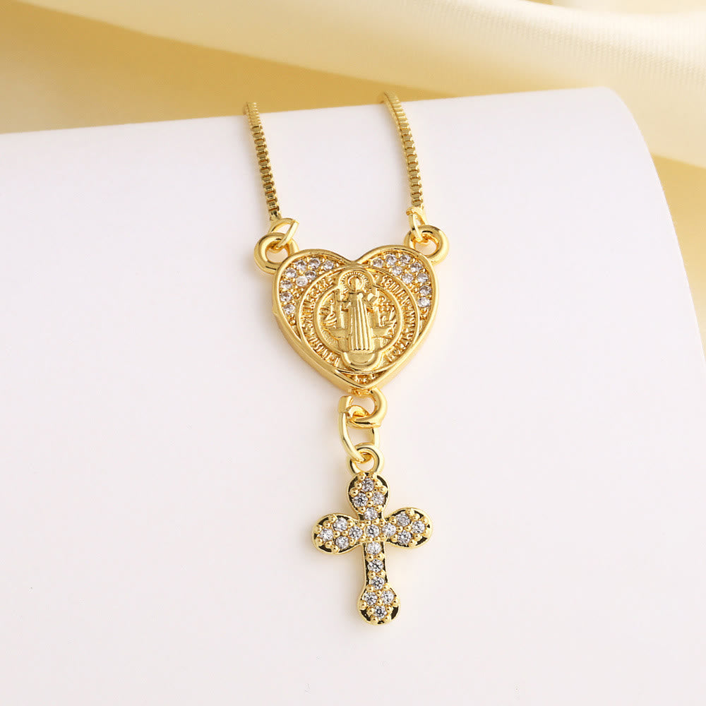 Christianartworkshop Zircon-Encrusted Our Lady & St. Benedict Cross Heart Necklace: Divine Grace in Daily Wear - St. Benedict - image 4