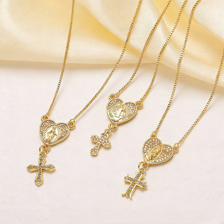 Christianartworkshop Zircon-Encrusted Our Lady & St. Benedict Cross Heart Necklace: Divine Grace in Daily Wear - image 1