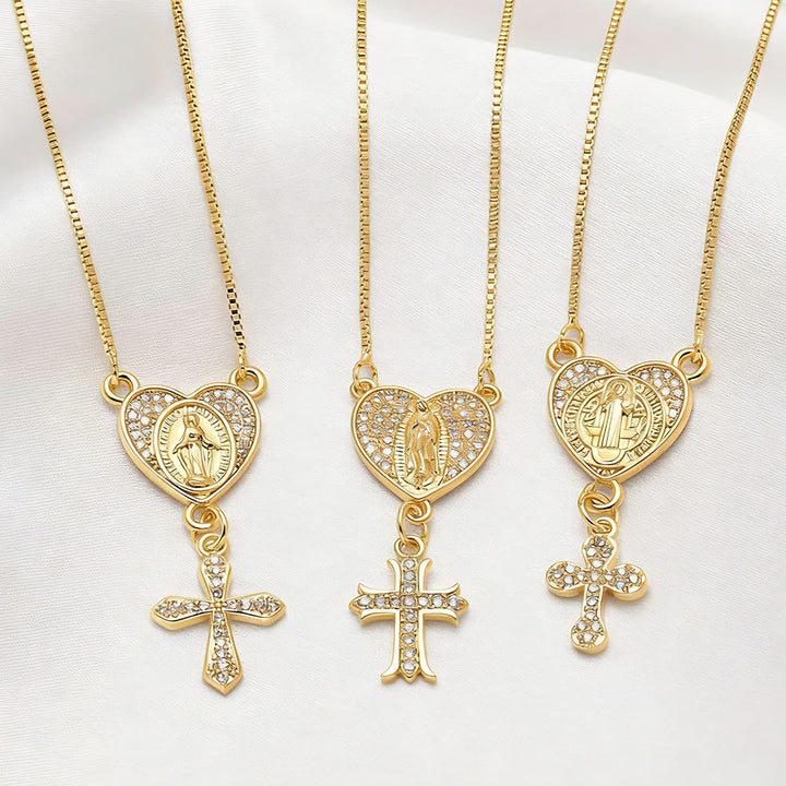 Christianartworkshop Zircon-Encrusted Our Lady & St. Benedict Cross Heart Necklace: Divine Grace in Daily Wear - image 2