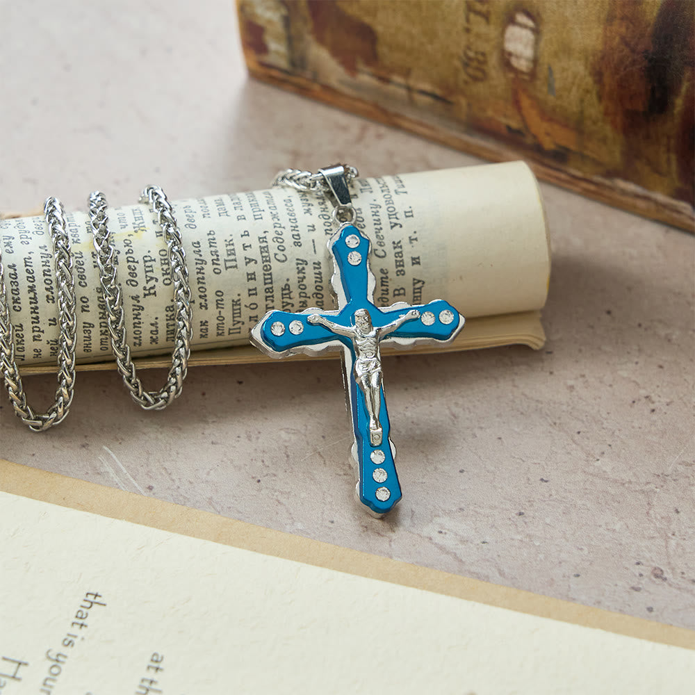 Christianartworkshop Blue/Silver Detailed Sculpted Crucifix Necklace: A Sacred Accessory for Devotion - Blue - image 1