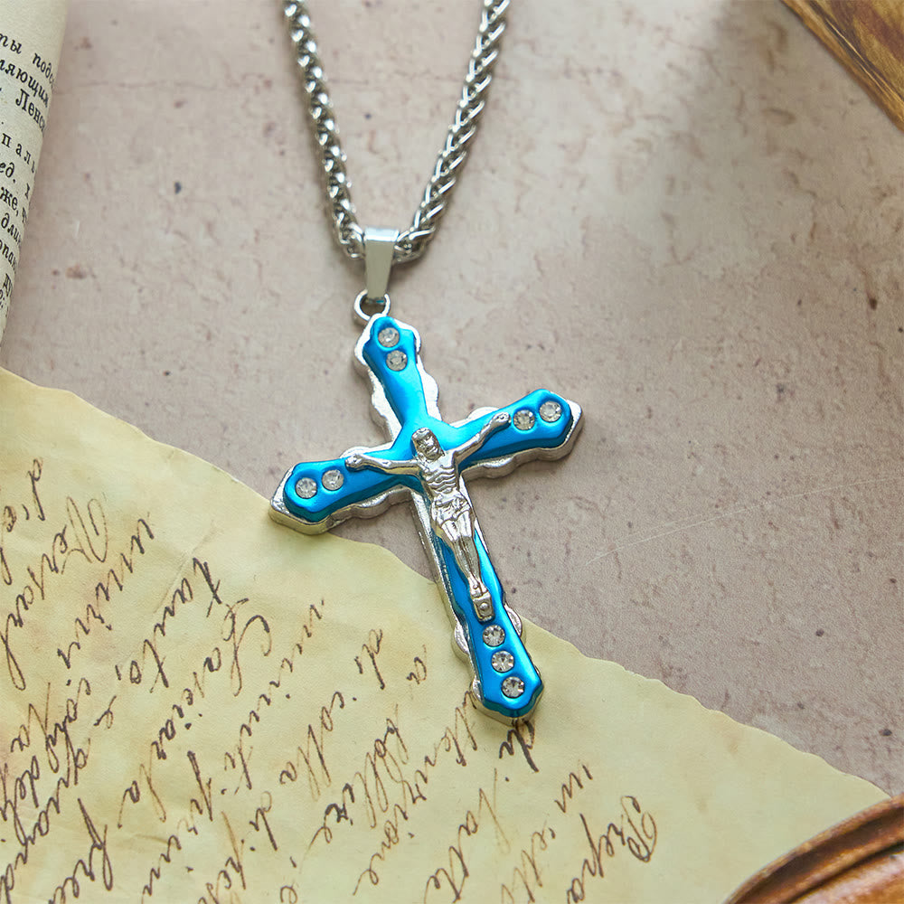 Christianartworkshop Blue/Silver Detailed Sculpted Crucifix Necklace: A Sacred Accessory for Devotion - image 3
