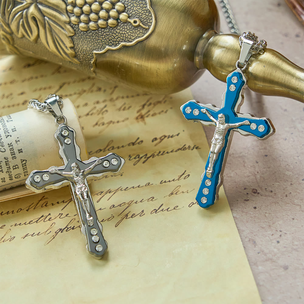 Christianartworkshop Blue/Silver Detailed Sculpted Crucifix Necklace: A Sacred Accessory for Devotion - image 0
