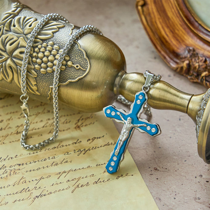 Christianartworkshop Blue/Silver Detailed Sculpted Crucifix Necklace: A Sacred Accessory for Devotion - image 6