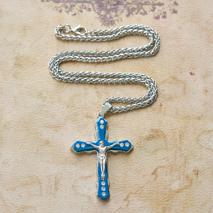 Christianartworkshop Blue/Silver Detailed Sculpted Crucifix Necklace: A Sacred Accessory for Devotion - image 2