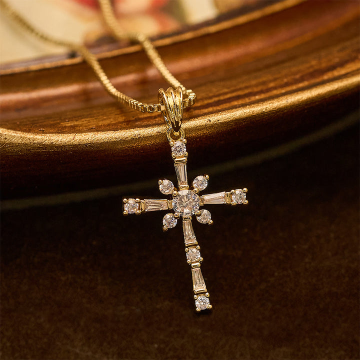 Christianartworkshop Sparkling Stone-Inlaid Cross Necklace: A Token of Divine Protection - Golden - image 0